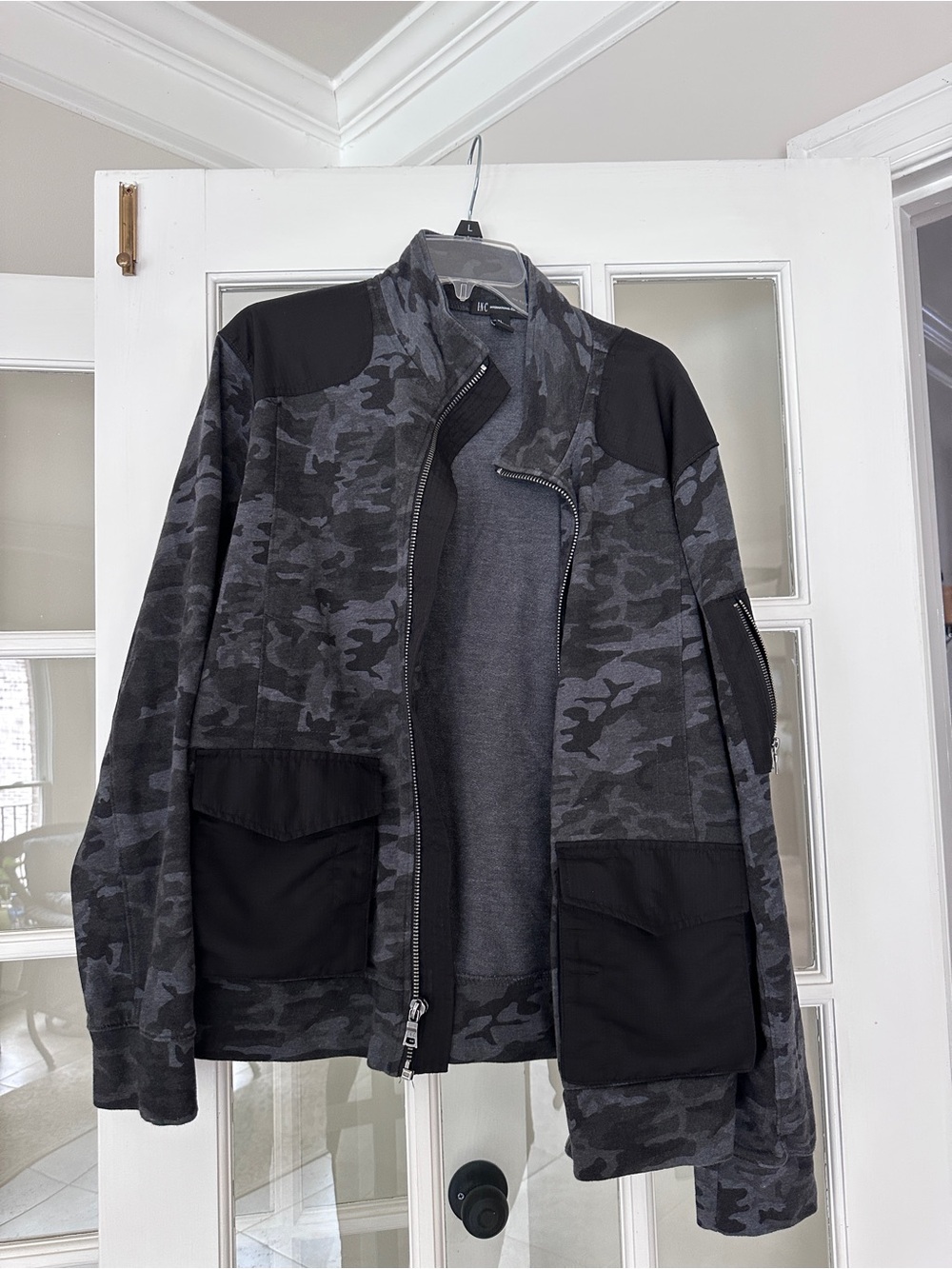 INC International Concepts Gray Camouflage Field Jacket with Black Panels